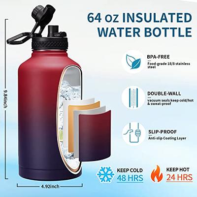 64 Oz Insulated Water Bottle With Straw And Strap, Half Gallon Stainless  Steel Water Bottle Leak