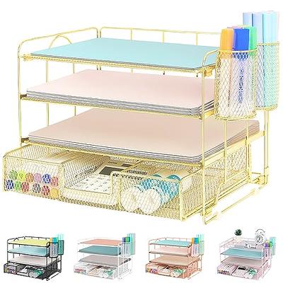 4-Trays Desktop File Organizer with Pen Holder | Paper Letter Tray with  Drawer and 2 Pen Holder | Mesh Office Supplies Desk Organizer for Home  Office