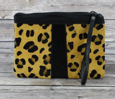 Leopard clutch leather wristlet, brown leopard wristlet, black