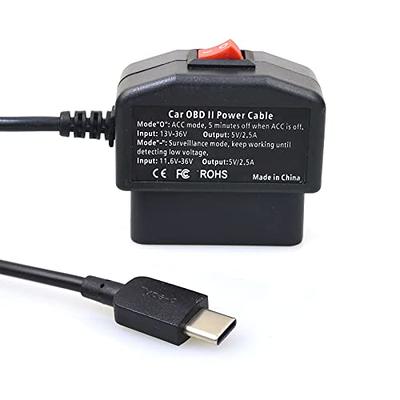 Universal OBD Power Cable for Dash Camera,24 Hours Surveillance/Acc Mode  with Switch Button(USB-C Port) 