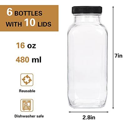  All About Juicing Clear Glass Water Bottles Set - 6 Pack Wide  Mouth with Lids for Juice, Smoothies, Beverage Storage - 16 oz, Durable,  Reusable, Dishwasher Safe, Leak Proof (White Caps) 