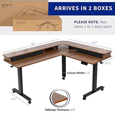 vivo 2-Tier Electric 63 x 55 Corner Desk, Dark Walnut Table Top, Black Frame