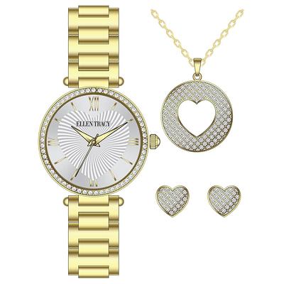 Ellen Tracy Crystal Watch & Pave Pendant & Earring Set Silver Rose Gold