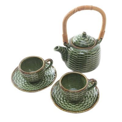 Green Ceramic and Bamboo Tea Set for Two (5 Pcs) - Honeymoon Tavern