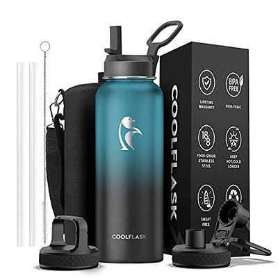 Water Bottle 32 oz Insulated with Straw, Coolflask Stainless Steel Metal 3  Lids Water Flask Wide