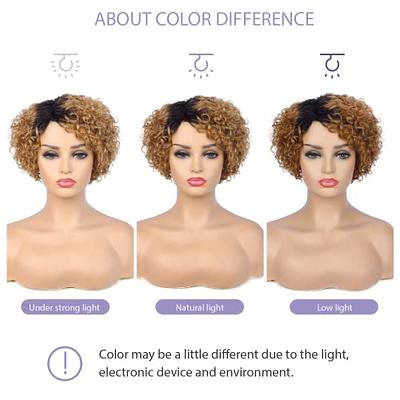 Quantum Love Human Hair Wigs Curly Wave Side Part Wig Short Bob Pixie Cut  Brazilian Remy Human Hair Deep Curly None Lace Front Wigs for Women Ombre  Black Burgundy Color OT530