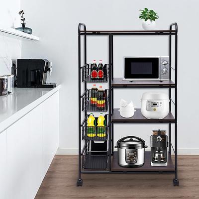 Bunpeony 5-Tier Black Foldable Metal Rack Storage Shelving Unit, Kitchen Shelf with 3-Hooks