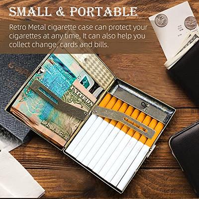 Retro Metal Leather 20 Cigarette Case Double Sided Spring Clip Open Pocket Cigarette  Lighter (gold)