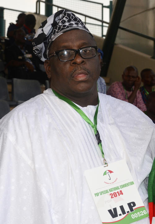 In this photo taken Sunday, Oct, 12, 2014, Buruji Kashamu attends a primary election event for Nigerian President Goodluck Jonathan, Abuja, Nigeria. Kashamu, who is indicted in the U.S. for allegedly smuggling heroin in a court case that was the basis for the TV hit "Orange Is The New Black," has been elected a senator in Nigeria. Election results posted late Wednesday, April 15, 2015 identify Kashamu as a senator-elect in southwest Ogun state. Opponents are challenging his victory in court, saying ballots were rigged. (AP Photo)
