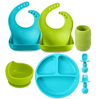 Silicone Baby Plates Spoons Forks Bib Bowls Dish Cup Child Feeding