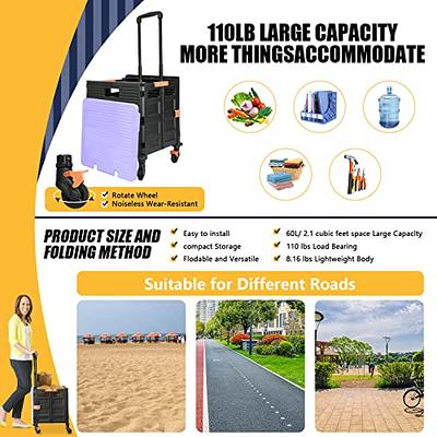 Foldable Utility Rolling Crate with lid Wheels, Portable Shopping Cart with  Durable Heavy Duty Telescopic Handle, Rolling Carts for Carrying Books,  Laundry, Travel Office Use, Gray, Medium 