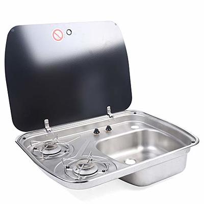 Gas RV Stove Sink Combo with Fauce & Cover, Camper Sink Gas Stove 2 Burners  LPG Cooktop Boat Caravan Camping Cooker Stainless Outdoor RV Kitchen Sink