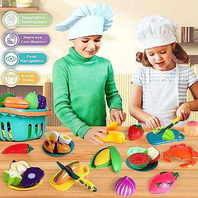 Cutting Food Play Set Barrel Toys, for Kids Pretend Kitchen Toys Cutting Fruits Vegetables Toy with Knives, Cutting Board, Plates, Storage Container