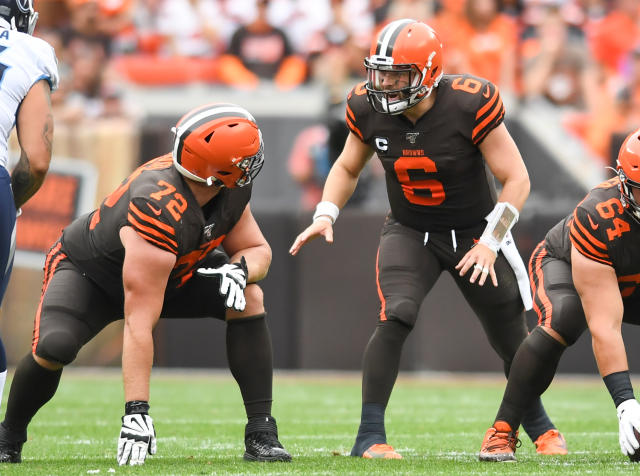 The Browns are aggressively trying to upgrade the offensive line in front of Baker Mayfield, according to sources. (Getty Images)