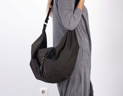 Wool Brown Herringbone Cross Body Bag With Black Leather