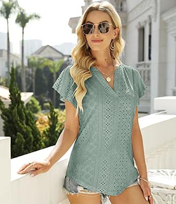 Womens Casual Tops Puff Short Sleeve V Neck Eyelet Shirts Business