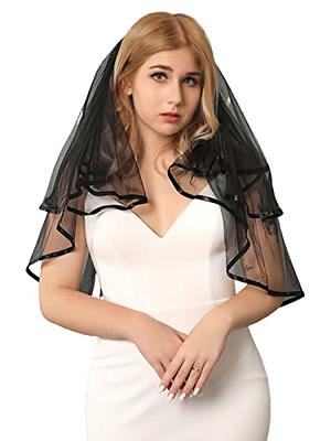 Unsutuo 2 Tiers Bride Wedding Veil Short Fingertip Bridal Tulle Veil with  Comb and Cut Edge (Ivory)