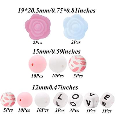 66Pcs Silicone Rose Flower Beads Set 12/ 15mm Pink White Silicone