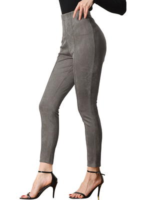 OFENTI Shiny Skinny Leggings with Zipper and Slit Hem - Stretch