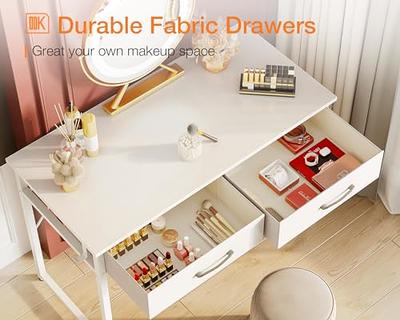 ODK Small Desk with Fabric Drawers- for Bedroom, White Vanity Desk with  Storage, Home Office Computer Desk for Small Spaces, 32 Inch Modern Work