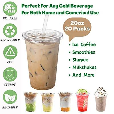 botogift [20 Sets] 20 oz Clear Plastic Cups with Flat Lids, Disposable Coffee Cups, Drinking Cups for Cold Drinks, Milkshakes, Juice, Smoothies