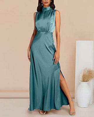 BTFBM Women Sleeveless Mock Neck Cocktail Dresses Keyhole Elastic Waist  Party Wedding Guest Satin High Split Maxi Dress(Solid Blue Green, X-Large)  - Yahoo Shopping