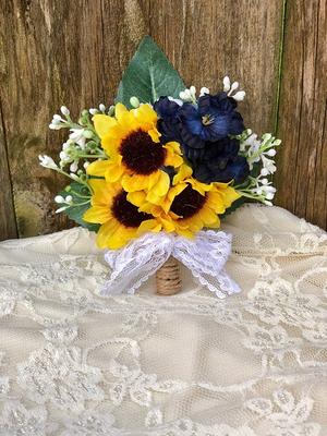 Navy Blue White Cascade Bridal Bouquet - Real Touch Callas Roses