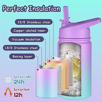  Kids Water Bottle - 12oz Blue, Leak Proof With Straw & Handle, 24 Hours Cold, Insulated, Double Wall Stainless Steel, Easy Sip Toddler  Cup, Child's Flask