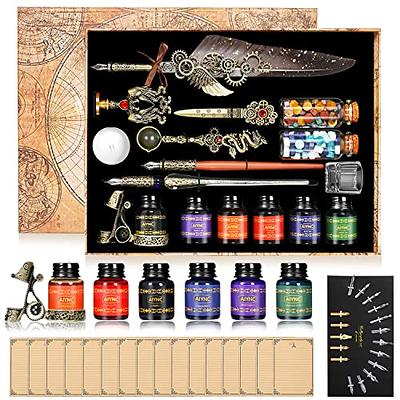  Quill Pen Ink Set-Feather Calligraphy Pen and Ink Set,Includes  6 Bottles of Ink,Quill Pen,Glass Dipping Pen,Wooden Dipping Pen,17 nibs,8  Sheets of Writing Paper,Envelope,Spoon-Blue : Arts, Crafts & Sewing