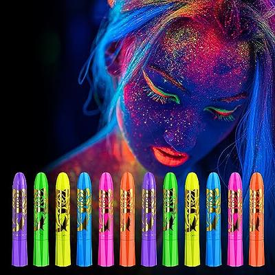 12 Colors Glow in The Dark Face & Body Paint Crayons, Neon Blacklight Glow  Body Makeup Kit Face Paints Sticks for Kids Adult Halloween Blacklight