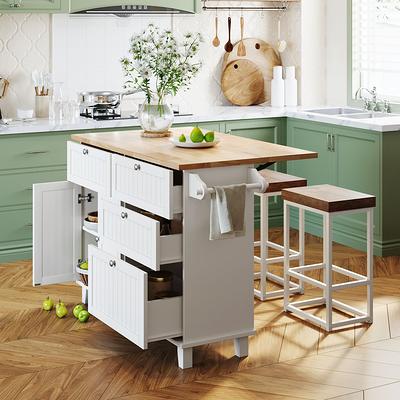 Cesicia Black Rubberwood Drop-Leaf Countertop 53.1 in. Kitchen Island Cart with Cabinet Door Internal Storage Racks and 3-Drawer