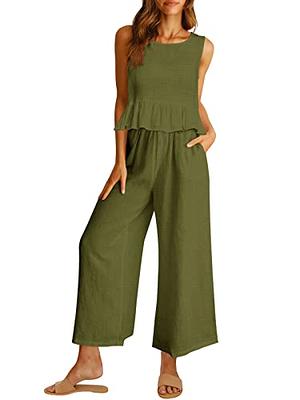 Women Cotton Linen 2 Piece Outfit Set Summer Sleeveless Crop Tank Tops and  Wide Leg Pants Lounge Set with Pockets : : Clothing, Shoes 