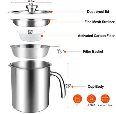 Oil Strainer Pot Grease Can 2L / 67.6 fl oz Food Strainer Stainless Steel Oil Storage Container with Fine Mesh Strainer Dust-proof Lid Non-Slip Tray F