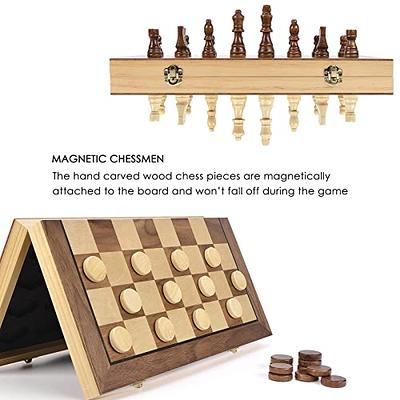 AMEROUS Magnetic Wooden Chess and Checkers Game Set, 15 Inches (2 in 1)  Chess Board Games, 2 Extra Queens - Gift Package - Game Pieces Storage  Slots