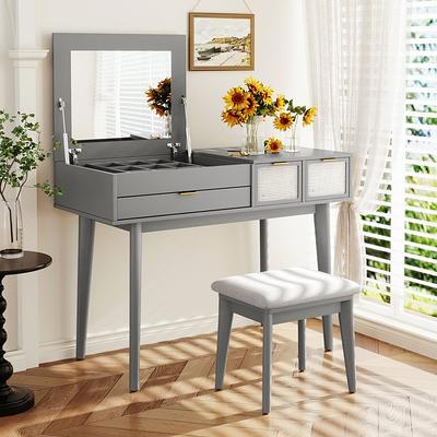 Makeup Vanity Set with Flip-top Mirror and Stool, Makeup Vanity Dressing  Table w/ Storage Drawers, Small Vanity Desk for Bedroom - Yahoo Shopping