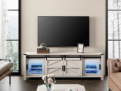 T4TREAM 66 Farmhouse TV Stand for 75 inch TV, Modern Entertainment Center  with Storage Cabinets and Barn Door, White