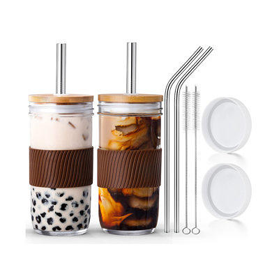 Square Cute Glass Cup With Bamboo Lid And Straw, Drinking Glasses