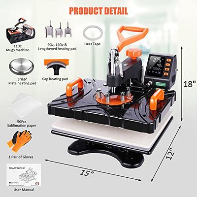  DREAMVAN Upgrade Heat Press Machine 8 in 1, 12 x 15 Swing  Away Heat Transfer Machine, Digital Sublimation Heat Press for T Shirts  Caps Hats Mugs Plates : Arts, Crafts & Sewing