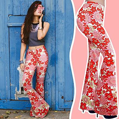 Women 70s Costume Bell Bottom Boho Flared Pants Hippie Outfit Mid Waist  Trousers 