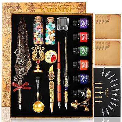 Karhood Quill Pen and Ink Set - Feather Calligraphy Dip Pen with Wax Seal  Stamp Kit and 5 Nibs (Red)