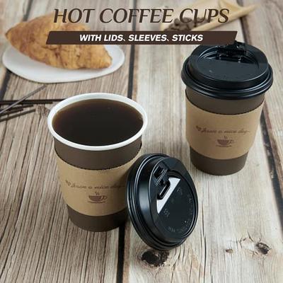LITOPAK 100 Pack 16 oz Paper Coffee Cups, Disposable Coffee Cups with Lids,  Sleeves and Stirring Sticks, Hot Coffee Cup, Disposable Paper Cups,  Drinking Cups for Cold/Hot Coffee, Water or Juice. 