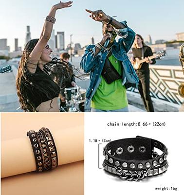 FIRAZIO 2-10 Pieces Punk Studded Bracelet Black Leather Rivet Bracelet Cuff Wrap Bangle for Women Men Snap Button Goth Rock Wristband Bracelet