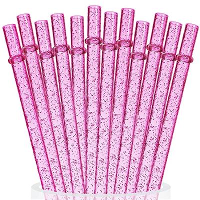 ALINK 12PCS Reusable Clear Pink Glitter Straws, 11 Long Hard