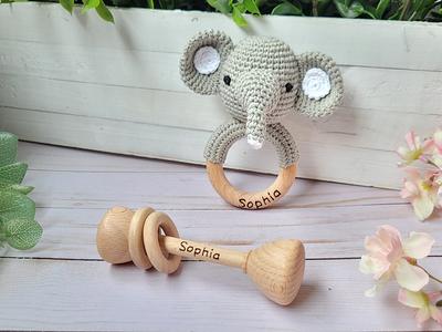 Personalized Wooden Rattle - Elephant Rattle, Baby Rattle