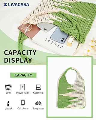 LIVACASA Crochet Tote Bag for Women, Fairycore Mesh Beach Tote Bag Aesthetic Cute Shoulder Bag Hobo Bag for Summer Vacation