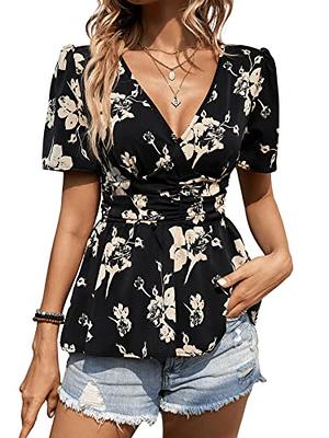 SweatyRocks Women's Short Sleeve V Neck Shirt Floral Tie Front