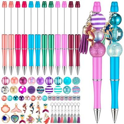  NEWEST 12 Pieces Plastic Beadable Pens DIY Bead Pens with 48  Multicolor Beads 12 Tassels 12 Pendants Back to School DIY Beaded Pens  Black Ink Bead Ballpoint Pen for Gifts