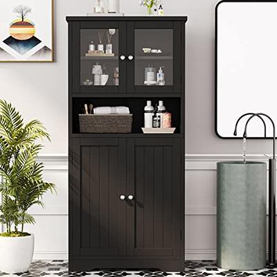 Tangkula Freestanding Bathroom Floor Storage Cabinet Wooden Storage Organizer Cupboard Shelf Grey