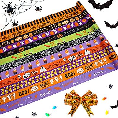 Halloween Ribbon for Gift Wrapping Orange Ribbons for Crafts Wreaths with  Spider Web Pumpkin Bat, Hair Bows Party Home Decor