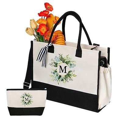 YOOLIFE Canvas Bag for Women - Monogram Beach Tote Bag with Zipper Makeup  Bag Personalized Embroidered Initial Tote Bags Birthday Valentines Day  Gifts